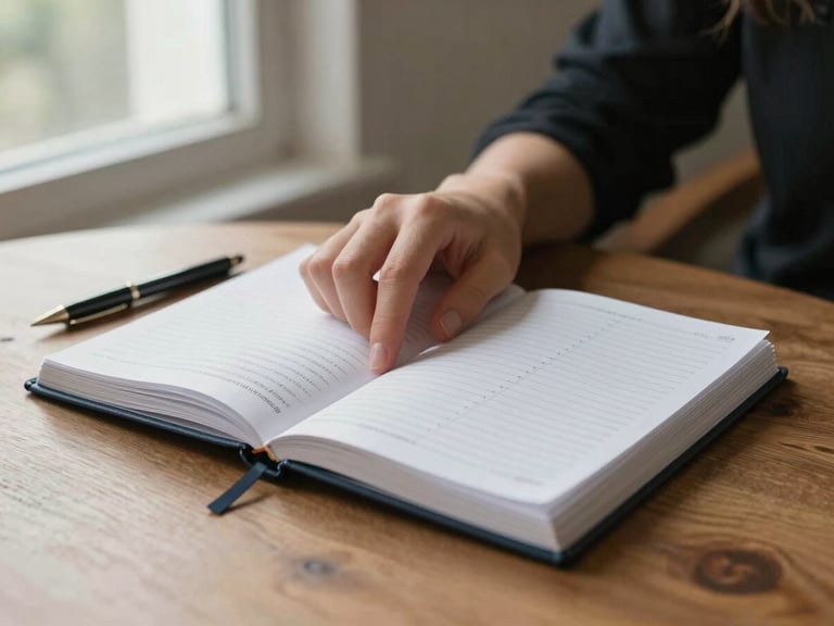 Woman's hands resting on an open cycle-tracking journal on a wooden table, soft diffused daylight from a window to the left, pen nearby, calm and focused mood, no face visible