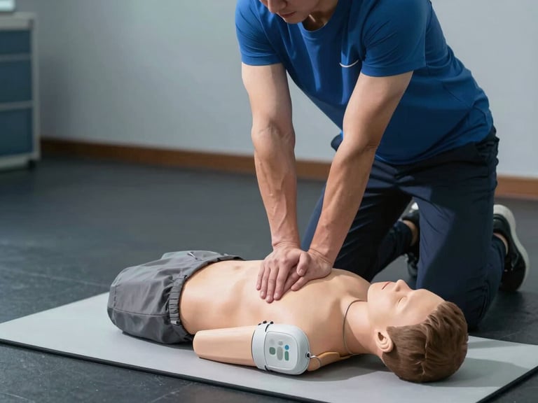 Medium environmental shot: an instructor crouches beside a participant practicing chest compressions on a CPR mannequin on a clean training mat; cool studio strobe light from above creates crisp shadows on focused hands and forearms; dark slate floor, minimal clinical background, no smiling, no decorative elements — the frame centers on hand placement technique and the instructor's corrective gesture