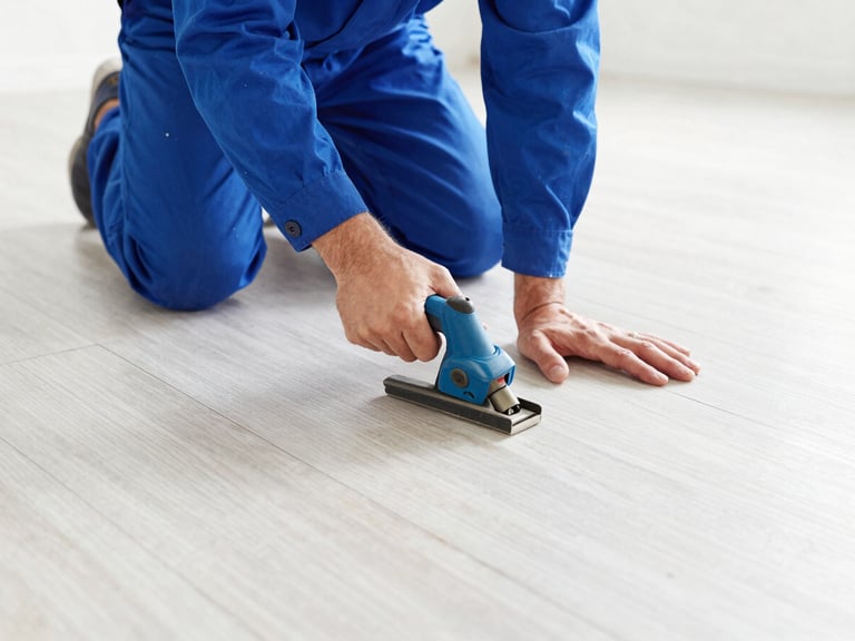 Professional worker removing old flooring with specialized tools, bright natural light, clean blue workwear details