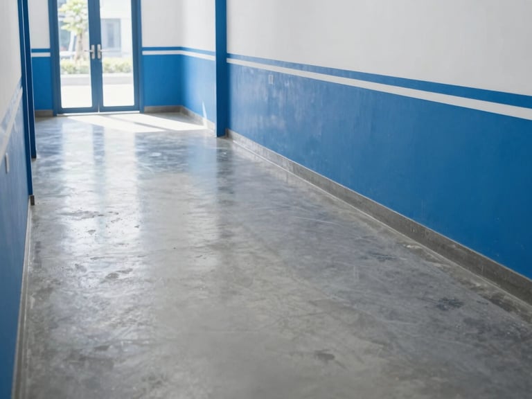 Clean empty hallway after professional clearance, bright daylight reflecting on polished concrete floor