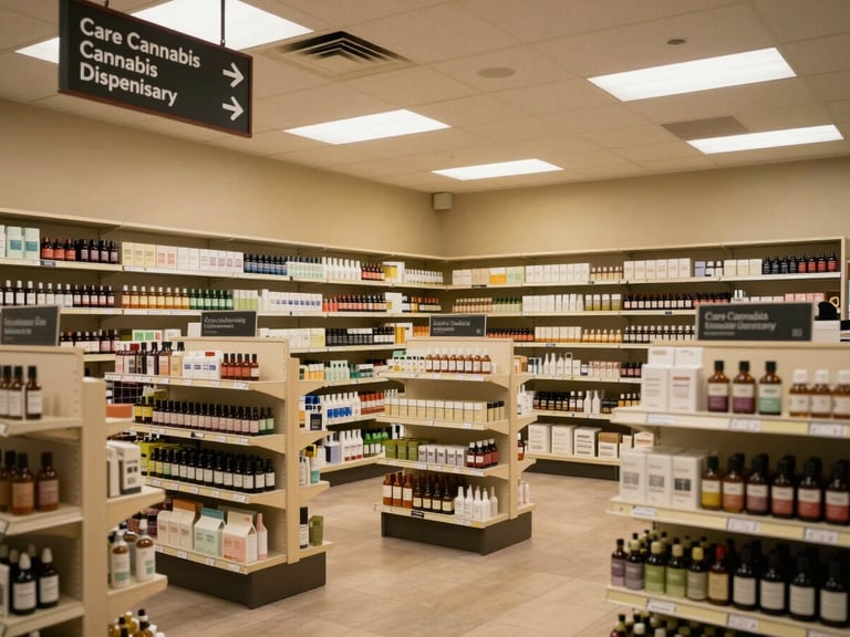 An eye-level wide shot of the warm, well-lit interior of Care Cannabis Dispensary, showing clean retail shelving, structured informational displays, and clear directional signage under warm lighting.