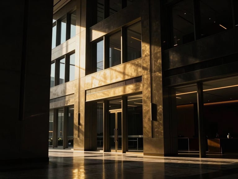Cinematic architectural interior of a high-end Dubai executive office, sharp golden-hour window shafts cutting through dark space, 35mm.