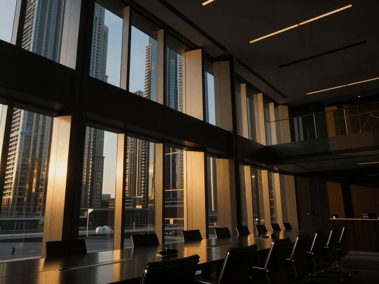 Dramatic architectural wide angle of a modern Dubai boardroom, sharp golden-hour window shafts cutting through dark glass panels, high-contrast luxury, 35mm