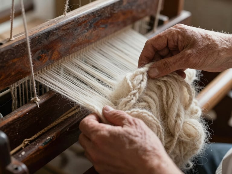 Close-up of weathered hands guiding thick cream wool yarn through a dark wooden loom, soft morning light illuminating the wool fibers.