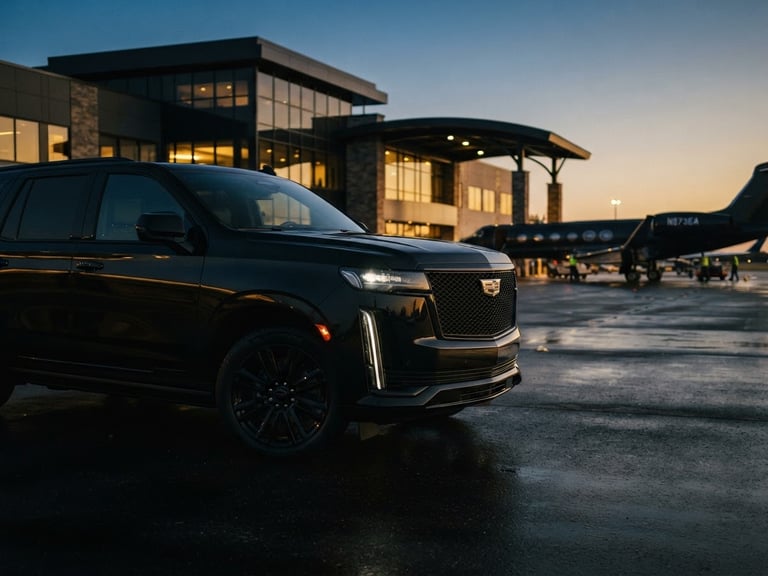 Low-angle heroic shot of a polished all-black 2026 Cadillac Escalade parked outside a private aviation terminal, subtle golden hour reflections on the paint, shallow depth of field