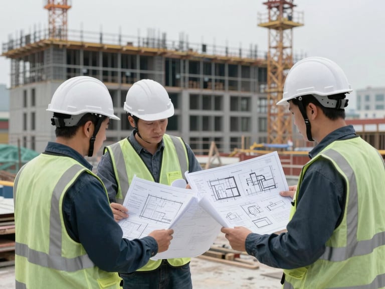 Engineers reviewing detailed blueprints on a large construction site, with a focus on technical drawings and digital models, cool overcast daylight.