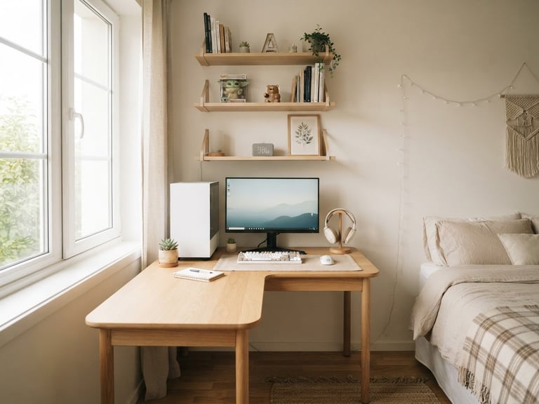 Bright, natural window daylight illuminating a corner of a tidy teen bedroom with a compact gaming desk and floating shelves, soft shadows, 35mm lens, Scandinavian aesthetic.