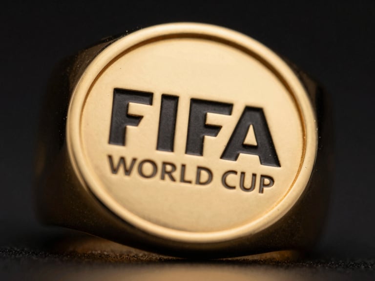 Extreme macro close-up of the polished 18k gold surface of the 2026 FIFA World Cup Championship Ring, showing fine metallic grain and reflections, dramatic low-key chiaroscuro lighting, deep obsidian and gold tones, shallow depth of field.