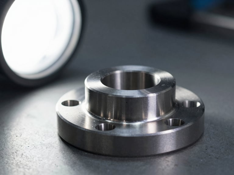 Extreme close-up of a precision-machined steel flange on a dark workbench, studio strobe raking from the left casting hard shadows across bolt holes and machined face, cool color temperature, sharp metallic edges in focus