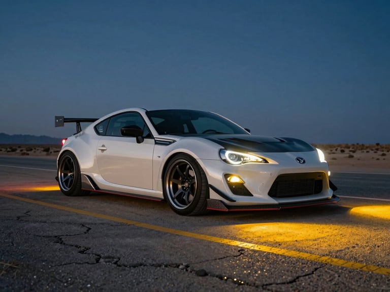 Cinematic wide shot of a widebody Japanese sports coupe on a desert highway at night, safety-yellow underglow reflecting off cracked asphalt, forged deep-dish wheels, carbon front splitter, engine bay illuminated by a single work lamp, no people, low angle ground-level perspective