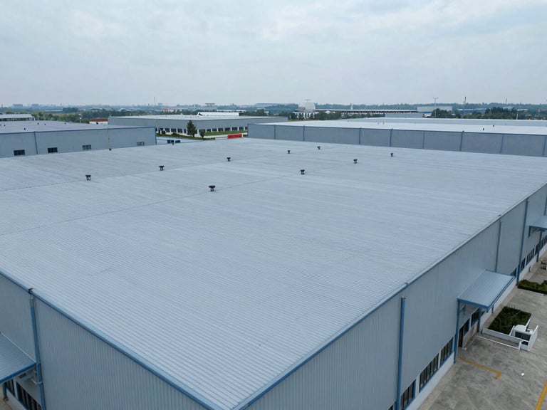 Wide-angle drone shot of a massive modern industrial warehouse roof under crisp overcast daylight, clean metallic blue and gray tones, 35mm
