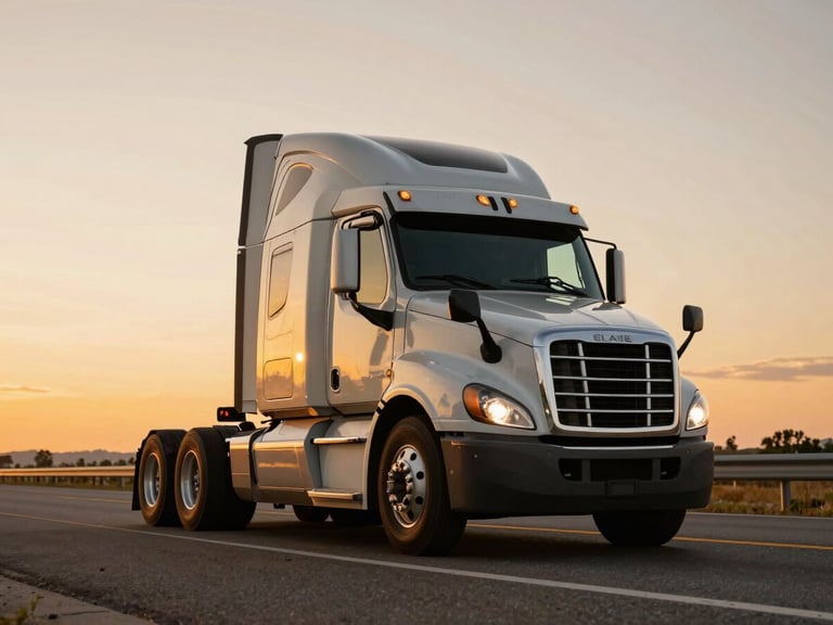 Low-angle dramatic hero shot of a modern Class 8 semi-truck on an open US highway during golden hour, rich saturated tones, 35mm photography