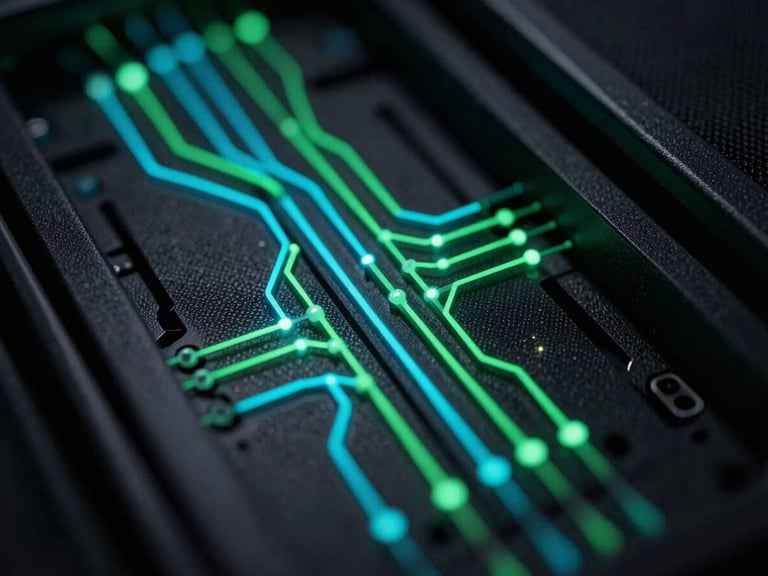 Abstract macro photography of glowing cyan and green data pathways running through high-security server racks, dark slate background, high contrast, technical precision.