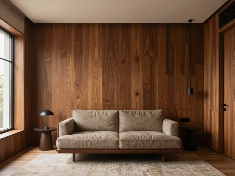 Straight-on architectural photograph of a luxury master suite interior, warm natural light, rich wood paneling, premium minimalist furniture, 35mm lens