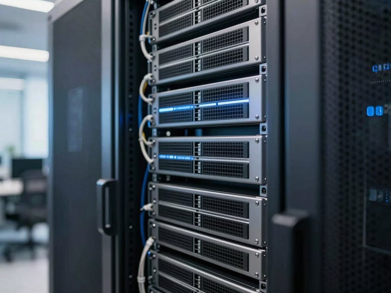 Detailed close-up of a structured server rack inside a modern tech company, cool daylight with subtle blue ambient light, clean cable management.