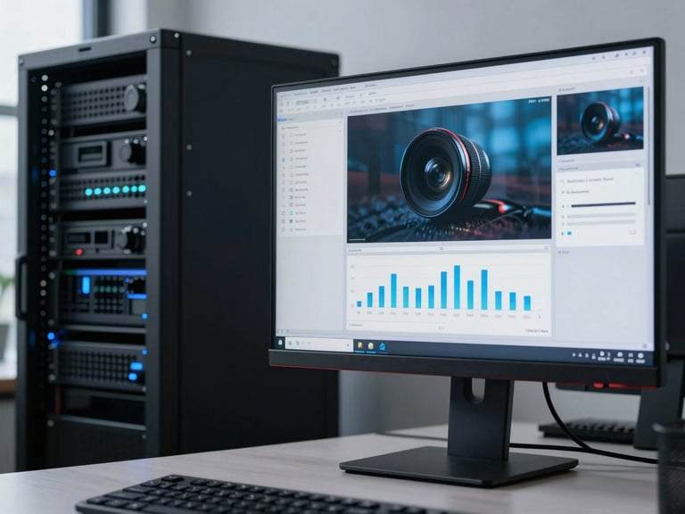 Structured medium shot of a high-end design interface on a monitor next to a clean server rack, cool daylight with subtle blue ambient tech glow, 35mm lens
