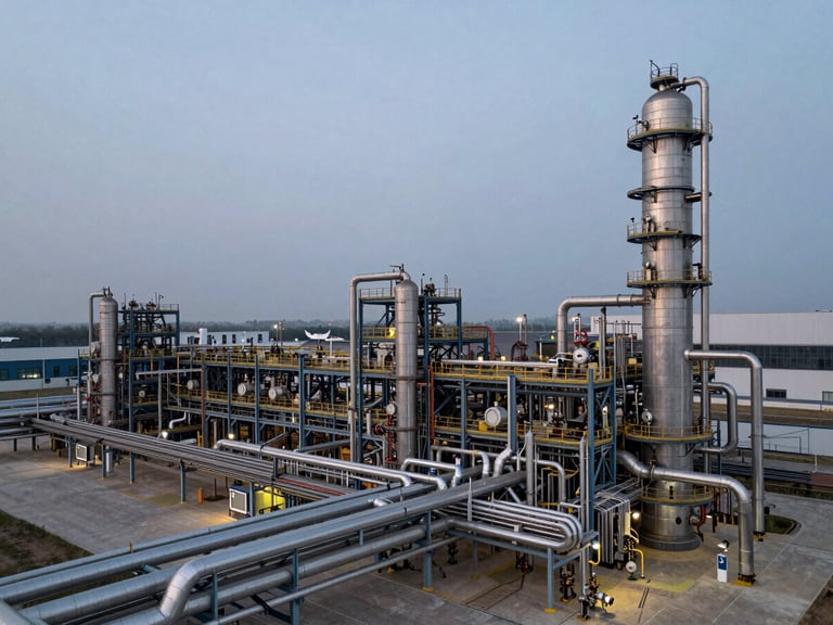 Wide overhead isometric view of an industrial process plant exterior at dusk, piping networks and equipment visible in geometric complexity, cool overcast sky, no people, documentary framing with generous negative space on the left side