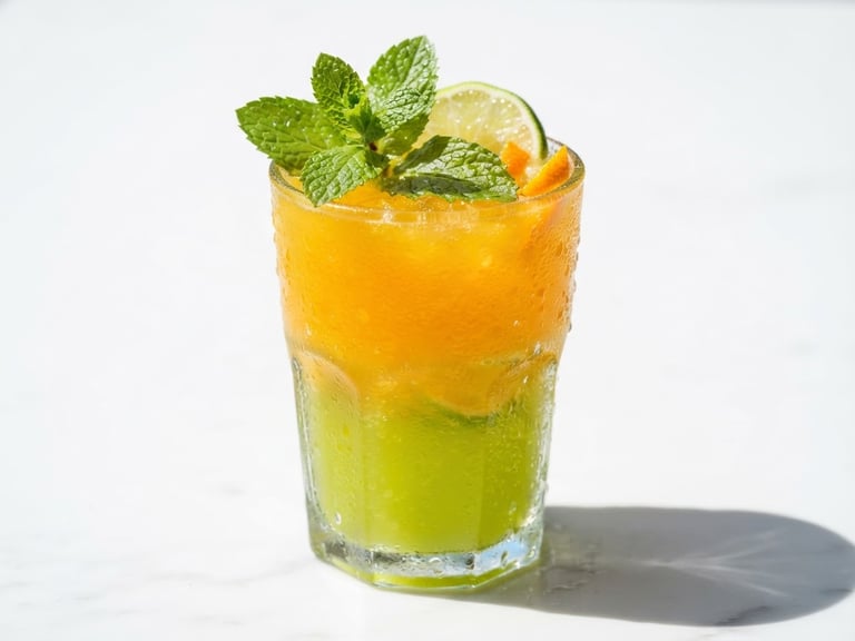 Macro close-up of a condensation-covered glass filled with a vibrant orange and lime layered juice, fresh mint leaves on top, bright natural sunlight casting crisp shadows on a clean white background