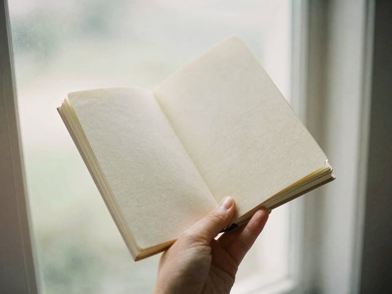 A hand holding a thick, warm cream linen journal, soft window light, shallow depth of field, 35mm film style