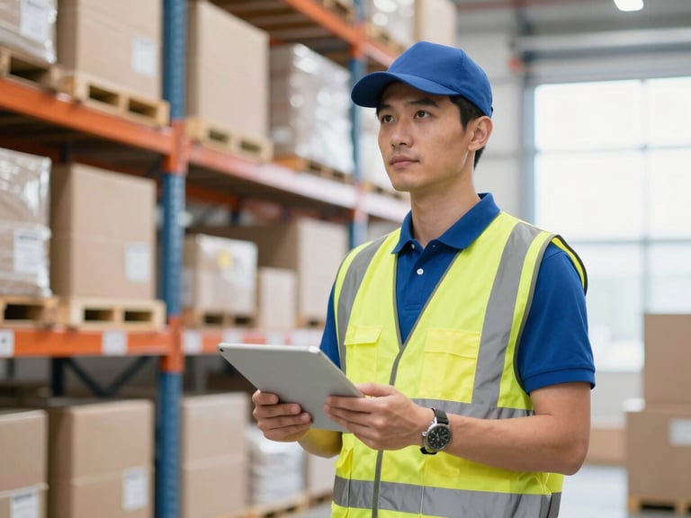 Professional logistics worker in a bright warehouse, wearing high-visibility vest and holding a tablet, clean corporate tones, sharp focus, 35mm lens.