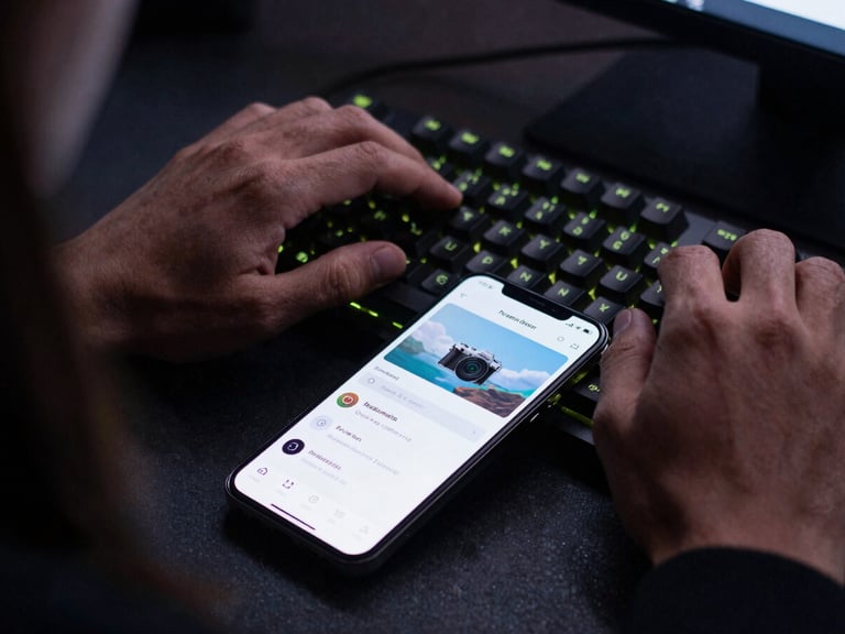 Close-up over-the-shoulder view of developer hands typing on a mechanical keyboard, with a physical Android phone in the foreground displaying a technical camera UI, low-key lighting