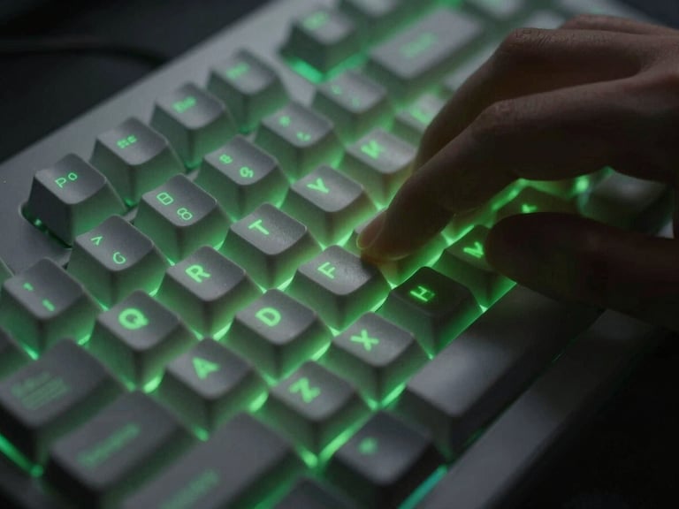Extreme close-up of a mechanical keyboard in low-key ambient light, fingers typing, sharp neon green screen glow reflecting on the keycaps, moody tech photography.