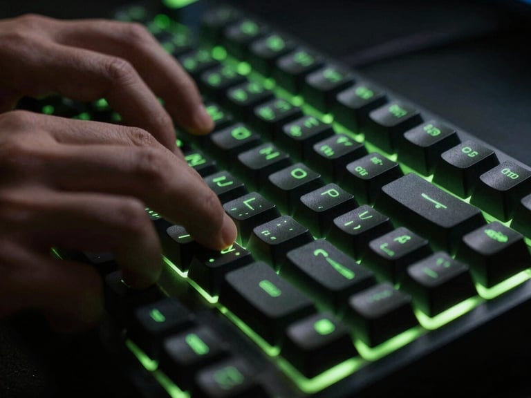 Extreme close-up macro shot of a developer's hands typing on a mechanical keyboard in a low-light studio, neon green screen glow reflecting off the keycaps, high contrast, 35mm.