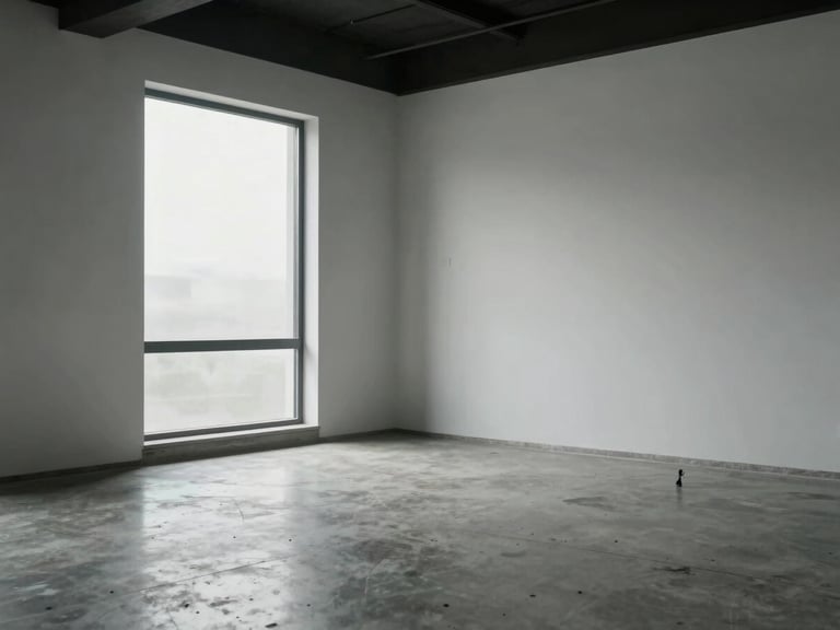 Wide shot of a near-empty finished room interior — polished concrete floor, single tall window with diffused overcast light, whitewashed walls meeting a dark ceiling beam, absolute stillness, no furniture, architectural proportion dominant, tripod shot from corner