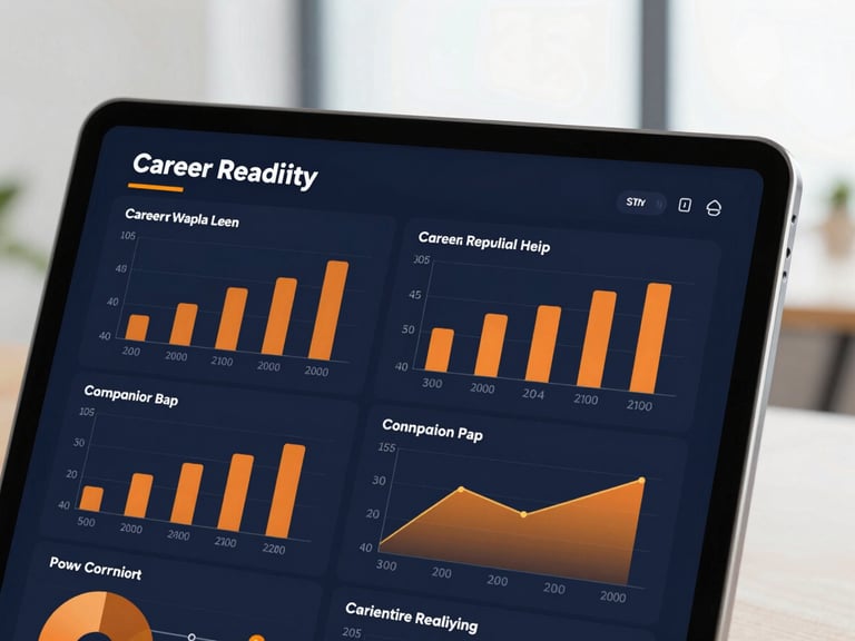 A close-up of a modern digital dashboard showing career readiness metrics and skill gap analysis graphs on a tablet screen, clean office background, 35mm