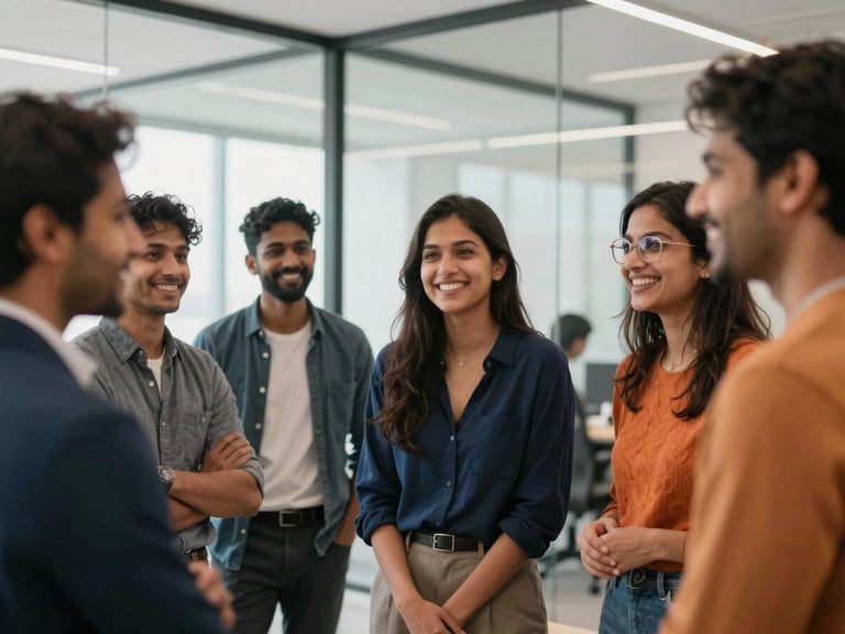 A group of diverse Indian young professionals smiling and collaborating in a bright, modern glass-walled workspace, hopeful atmosphere, 35mm