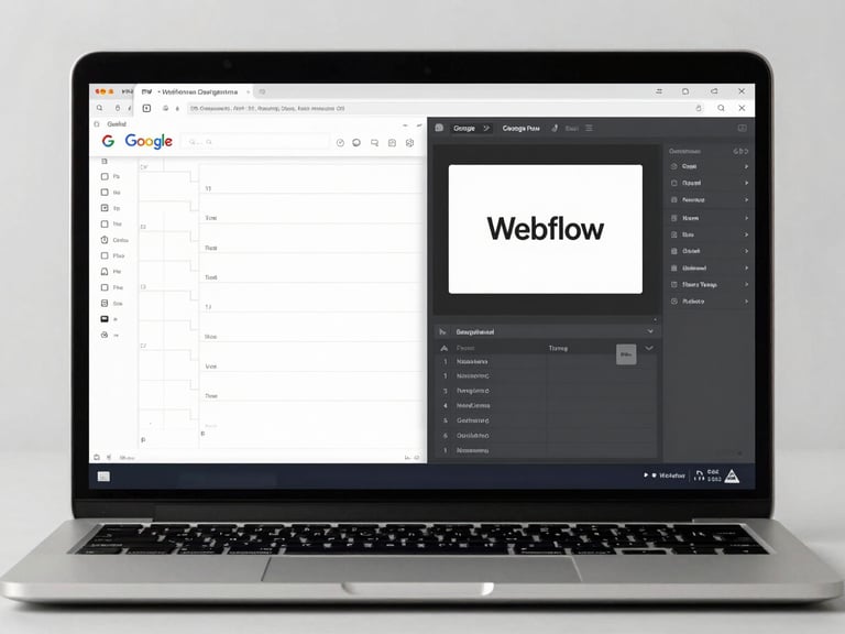 Straight-on shot of a laptop screen showing a side-by-side view of a Google Doc with bracketed copy and a clean Webflow editor, bright studio lighting.