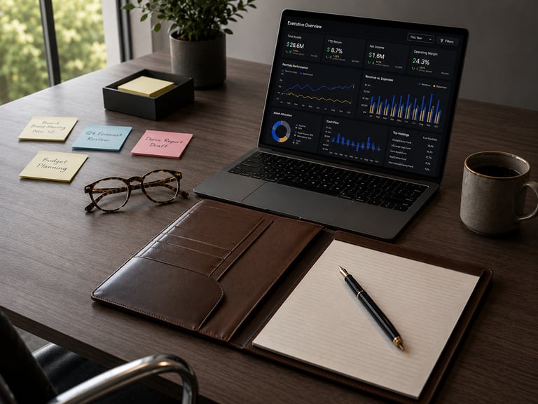 Executive workspace with a laptop showing KPI, illustrating fractional C-suite leadership engagement