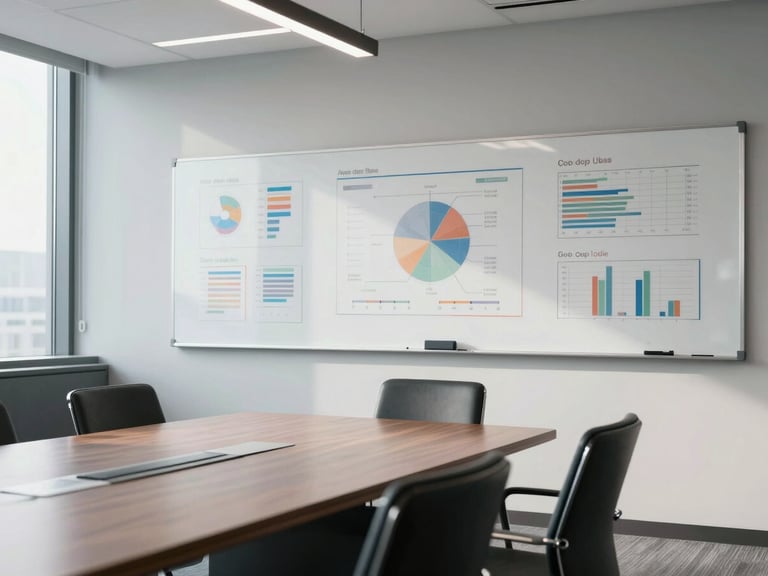 Wide cinematic crop of a modern corporate boardroom, structured whiteboard with actual data plots, cool high-contrast daylight.