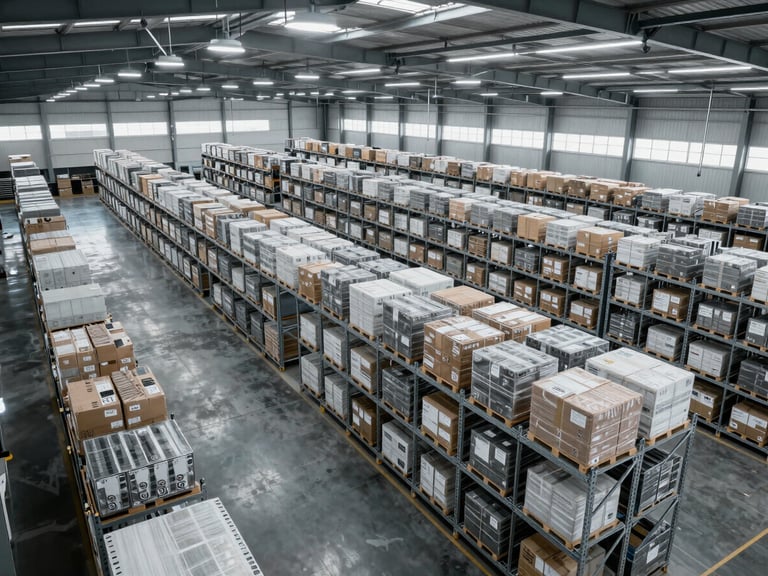 A high-angle drone shot of a modern distribution center, cool silver light filtering through skylights, organized racks, clean logistics pathways.
