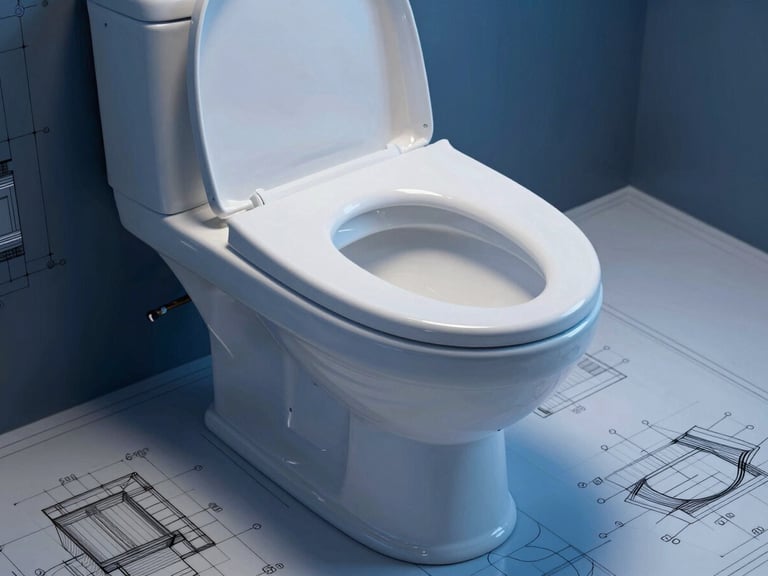 Technical CAD blueprint diagram of a dual-flush one-piece toilet, precise dimensional lines and cross-section details, cool blue architectural styling