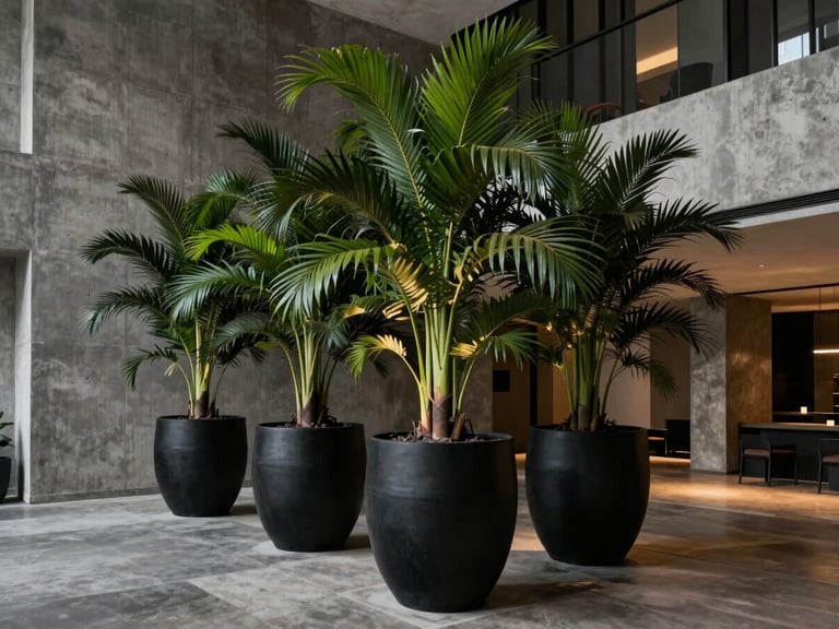 Wide-angle architectural shot of a minimalist concrete hotel lobby in Mumbai, featuring massive matte-black cylindrical fiber planters with lush tropical palms, dramatic side-lighting
