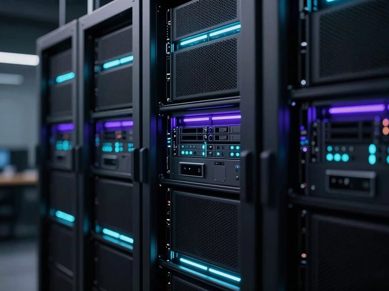 Sleek dark-mode technology photography of a modern network operations center with glowing server racks, shallow depth of field, neon cyan accents, 35mm