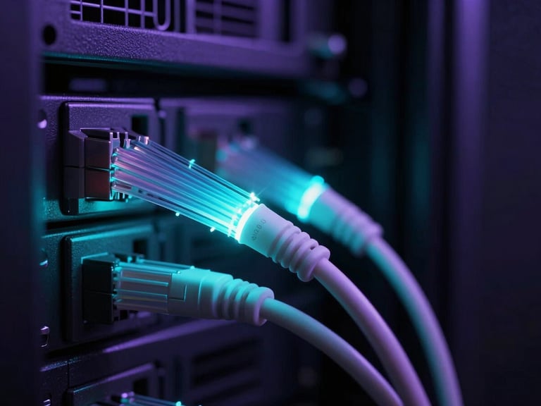 Macro shot of glowing fiber optic cables in a dark server room, shallow depth of field, neon cyan and violet ambient light, 35mm