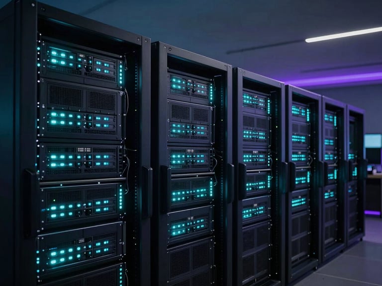 Wide architectural shot of a state-of-the-art network operations center, glowing server racks with cyan status lights, low-key ambient lighting, 35mm