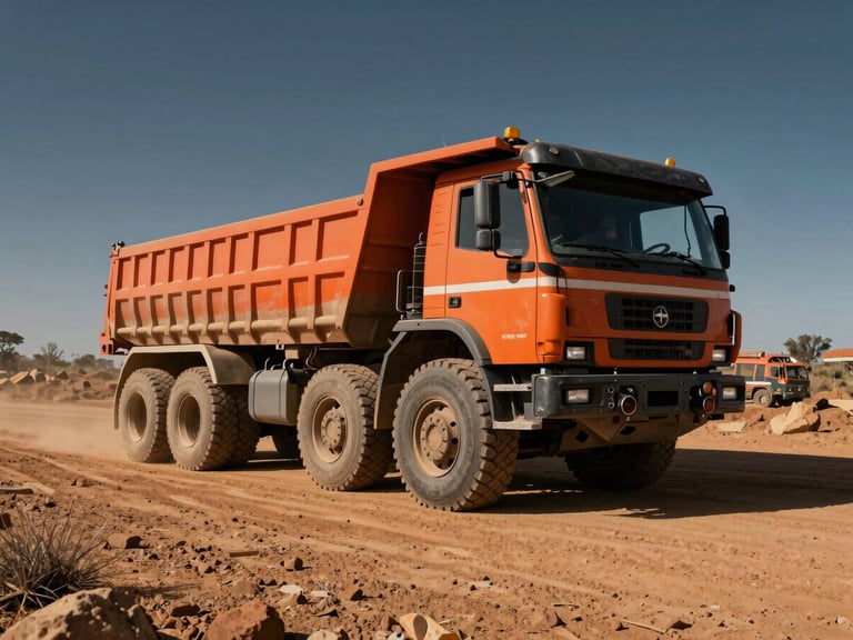 Low-angle heavy-duty haulage truck parked on a dry dusty Copperbelt mining road under harsh afternoon sun, dramatic scale.