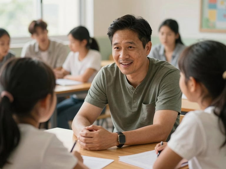 A warm environmental portrait of a community mentor talking to a young student in a sunlit classroom, natural daylight, soft focus, rich organic tones.