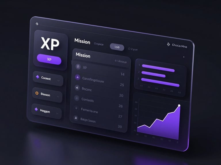 Sleek dark mode UI mockup of a personalized user dashboard with gamification elements, XP counter, mission list, and progress charts, glowing neon purple accents, glassmorphic cards, isometric view, high-tech, octane render.