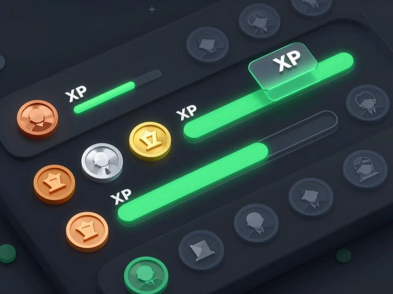 Dark mode UI mockup showing gamified progression system with user profile, level badges (Bronze, Silver, Gold), XP bar, and achievement pop-ups, cyber green neon highlights, glassmorphic elements, close-up shot, high-fidelity collaboration, sleek 3d render.