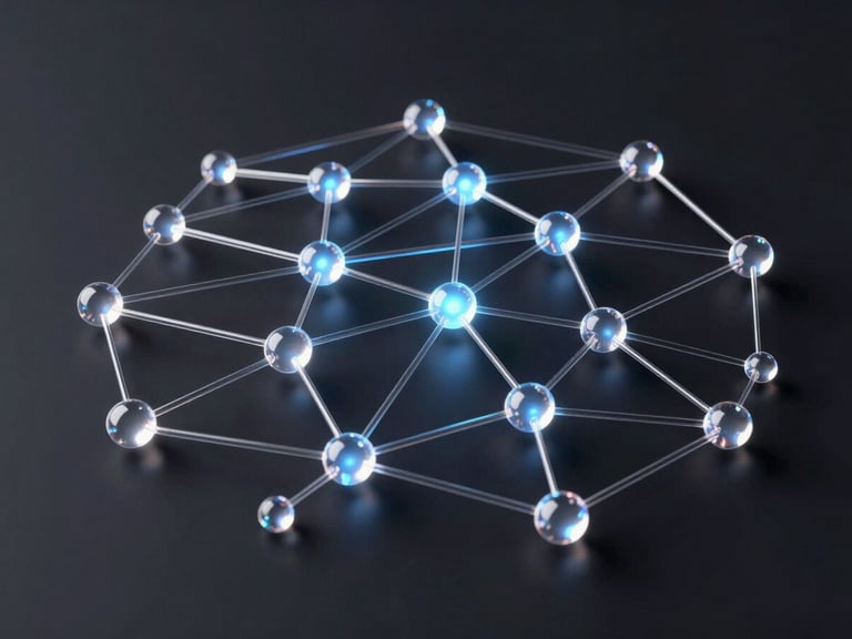 Abstract 3D render of network nodes connecting with glowing lines on a dark background, representing data flow and optimization, glassmorphic shapes refracting neon light, high-tech, isometric view