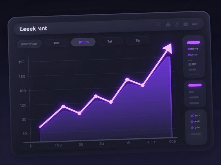 Sleek 3D render of a dark mode dashboard interface, showing a line graph trending upwards, with glowing neon purple accents and glassmorphic elements, high-tech, octane render, isometric view