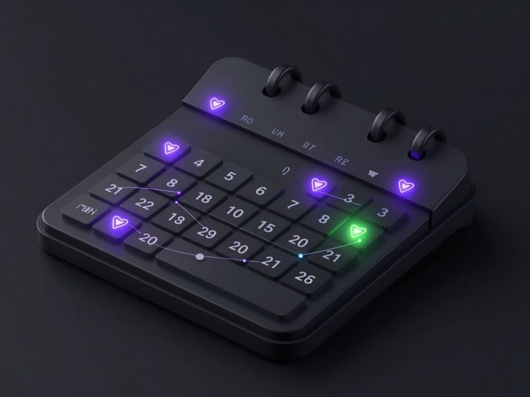 Sleek 3D render of a minimalist calendar interface with glowing event markers and abstract network lines, dark mode, neon accents (purple and green). High-tech, isometric view, octane render.