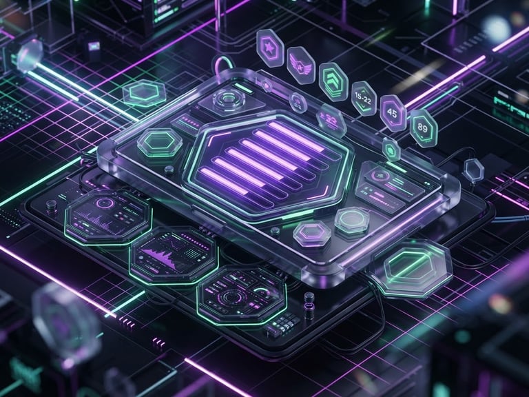 Isometric 3D render of a dark-mode dashboard interface, glowing purple progress bars, floating glassmorphic XP badges, cyber green accents, octane render