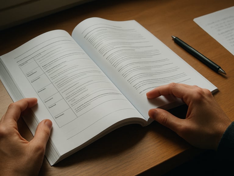 Close-up of hands turning through a printed course syllabus on a wooden desk, natural side-window light casting soft shadows across the pages, a pen resting nearby, study notes visible at the edge of the frame