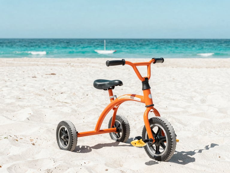 A custom orange-wheeled Fuego tricycle parked on the white sands of a Hacienda beach, sea in the background, bright coastal light.