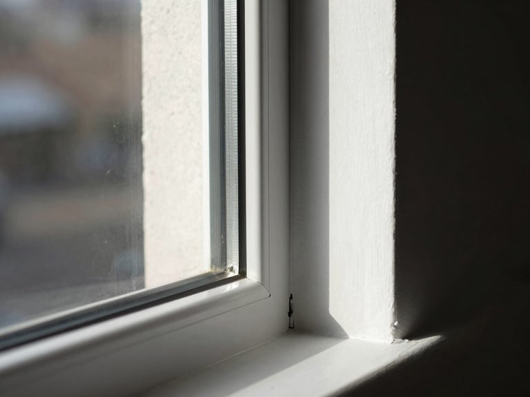 Close-up of a glass window edge in north-facing daylight — light refracting through double glazing, the aluminum profile's inner corner visible, fine shadow line on white plaster wall beside it, minimal and precise